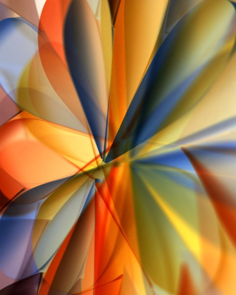 An abstract geometric artwork in bold orange, teal, and violet facets