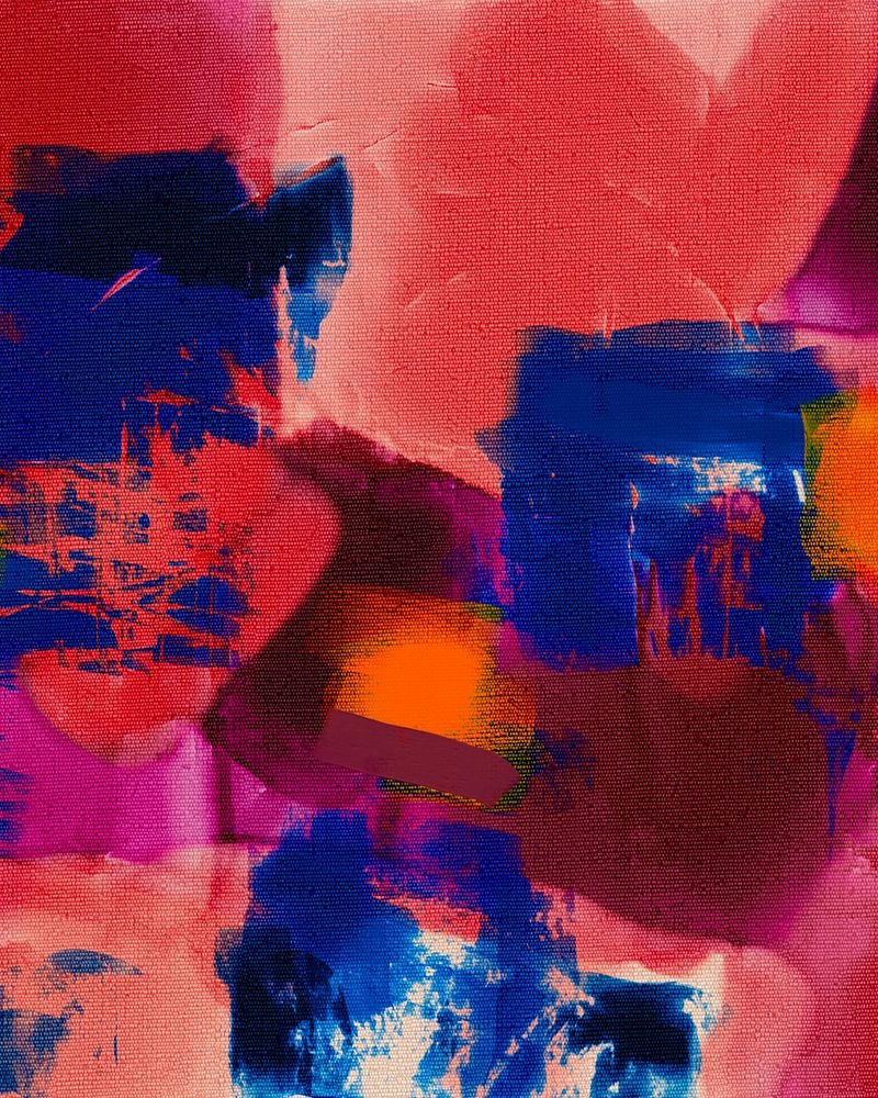 An abstract expressionist painting in pink, red, and cobalt blue