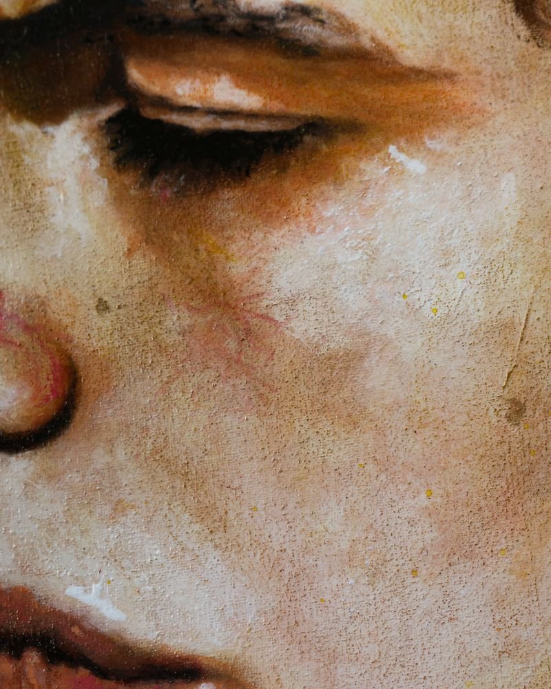 A close-up painted portrait showing textured brushwork across the face